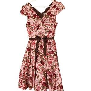 Rabbit Rabbit Rabbit Pink Floral Cap Sleeve Pin Up Midi Dress Size 12